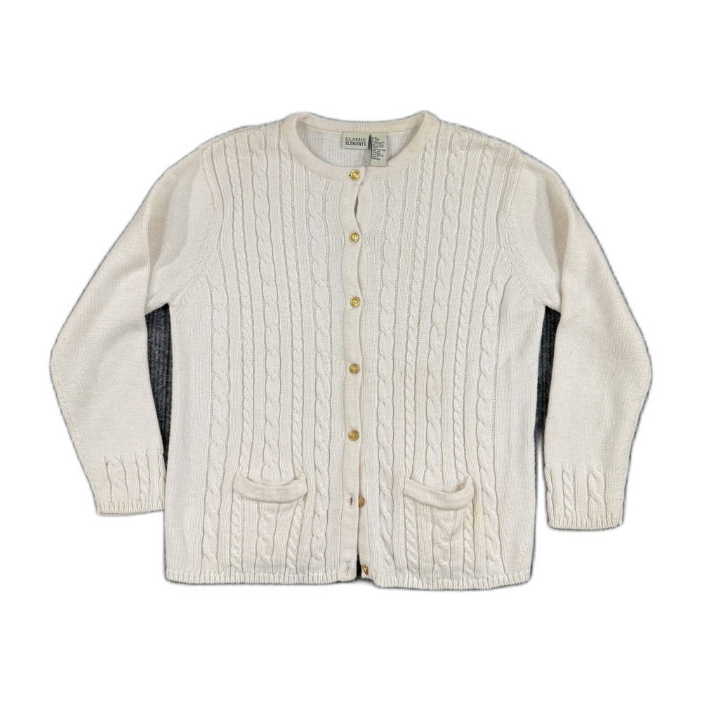 Classic Elements Ivory Cable Knit Cardigan Sweater Gold Crest Buttons Large